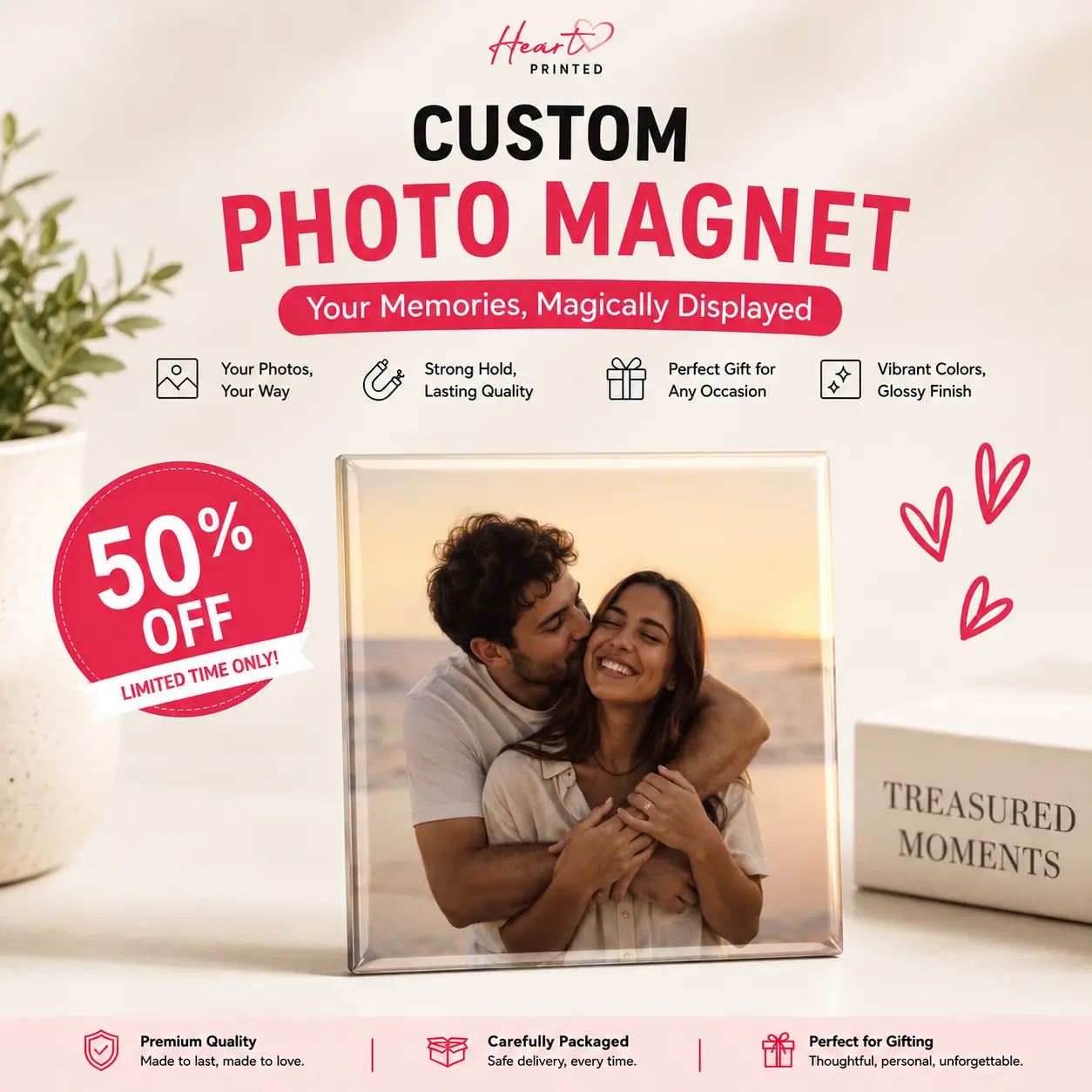 Heart Printed | 2.5" x 2.5" Square Custom Photo Magnets | Personalized Picture Fridge Magnet | Wedding, Family, Couples & Christmas Gift Decor
