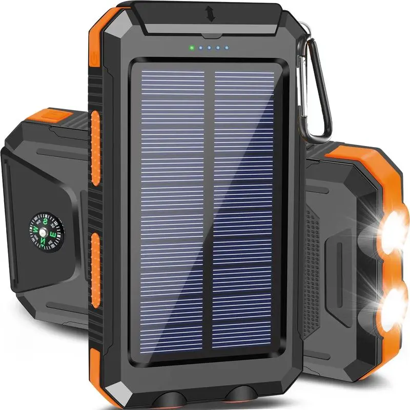 10000mAh Portable Solar Power Bank, Dual USB 15W Fast Charging, IP65 Splashproof Outdoor Charger with LED Flashlight & Compass for Camping Emergency Backup
