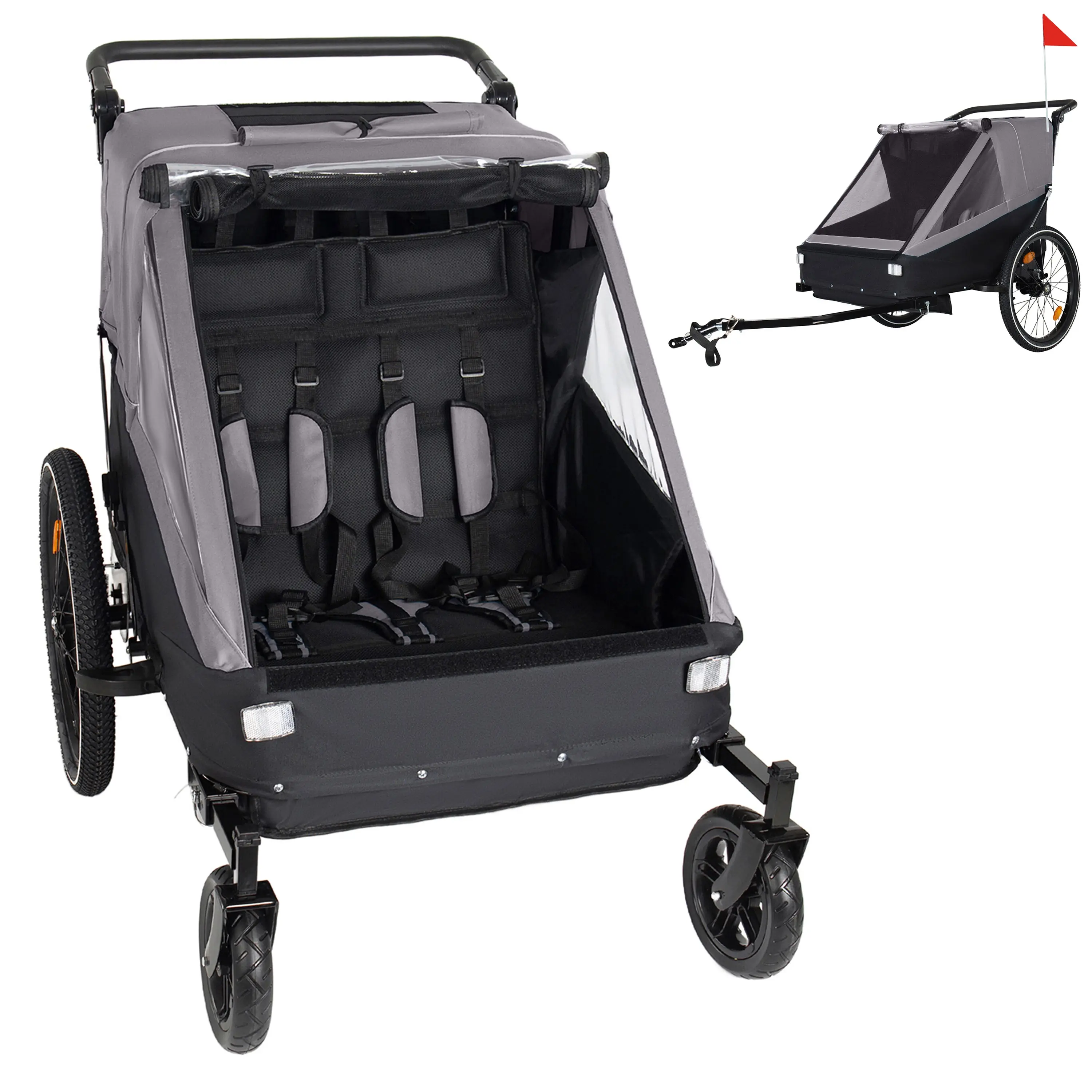 2 in 1 Kids Bike Trailer and Stroller for 1 to 2 Children, Jogging Function, Foldable Compact Storage with Universal Bike Hitch, 5-Point Harness and Storage Bags, Gray