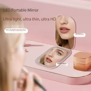 LED Makeup Mirror with Three Color Lights, Dual-Sided Foldable Travel Mini Mirror, 5x Magnification, Includes Data Line, Illuminated Mirror