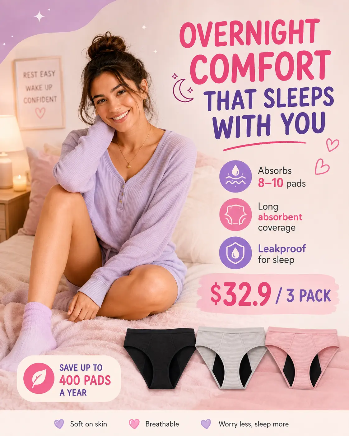 Period Underwear for Women & Teens, 3-Pack Reusable Overnight Briefs for Heavy Flow and Leak Protection