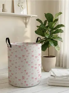 1 piece of pink bow pattern 2D printed open storage box, Laundry Basket, double handle reinforcement + foldable storage | dirty laundry storage/toy organization/home decoration all-in-one