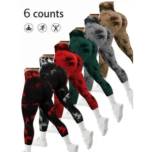 Set of 6 women’s tie-dye pattern ruched high-waisted sports leggings—casual, sporty, comfortable, breathable, highly stretchy skinny pants for yoga, gym workouts, and running; ladies sportswear for all seasons with tummy control.