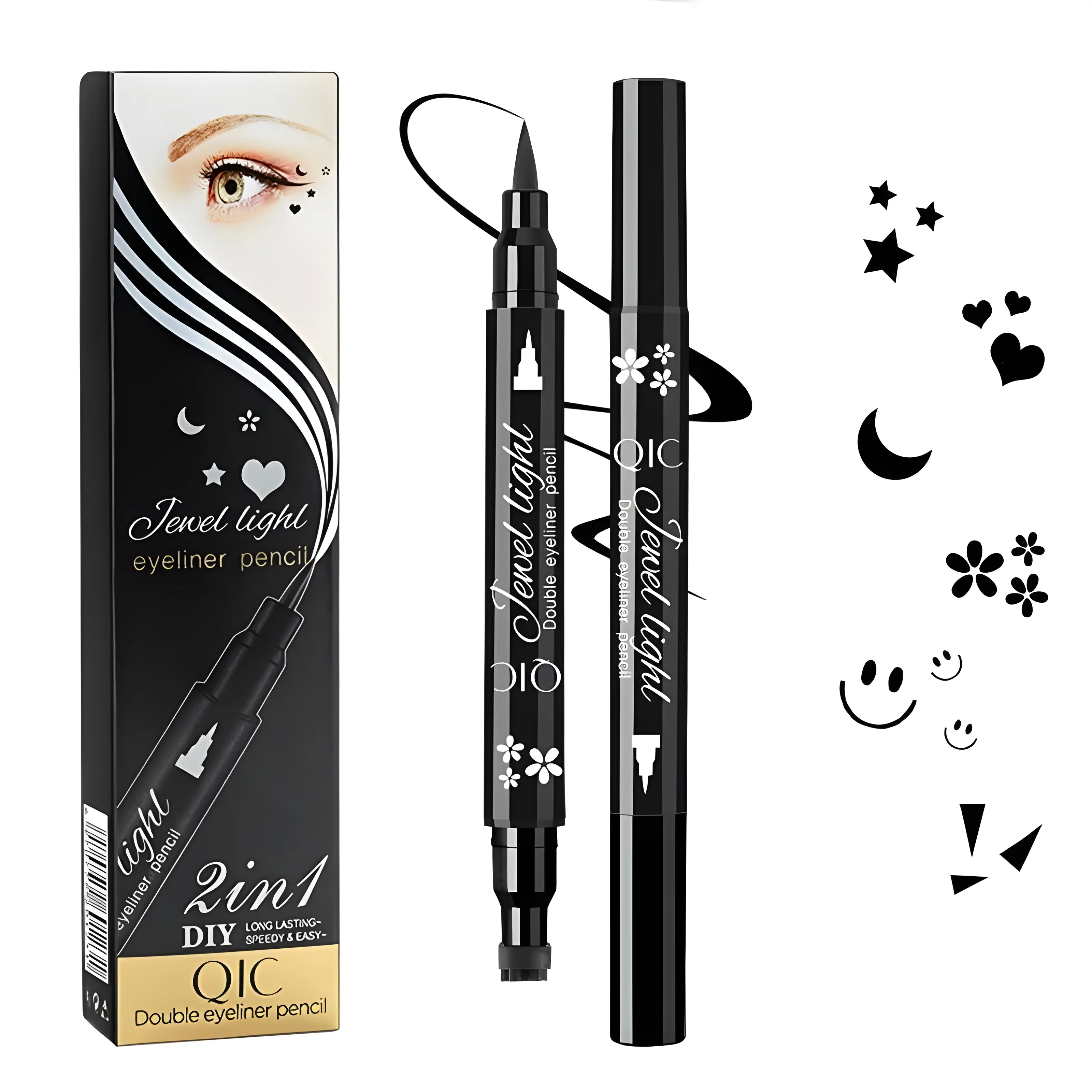Youth Cosmetic Dual-Ended Waterproof Graphic Eyeliner Pencil Set - 1# Star-Black, 3# Moon-Black, with Moon, Star, Heart Stamps, Transfer-Proof, Easy to Apply, Long-Lasting for Daily & Special Occasion Eye Makeup, Transfer Proof Makeup