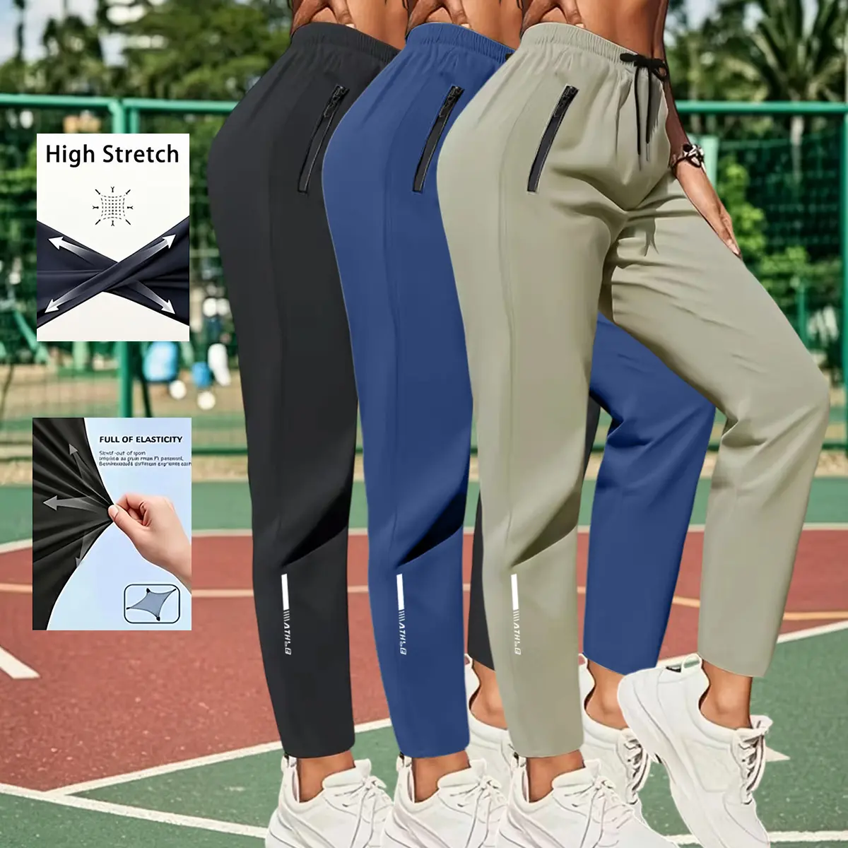 Women's 3-Pack High-Stretch Mid-Rise Straight Cut Fitness Workout Pants, Quick Dry Moisture-Wicking Breathable Fabric, Adjustable Drawstring Waist, Zippered Pockets, Athleisure Comfy Women's Pants Comfy for Spring-Autumn Outdoor Sports