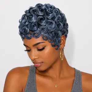Black Women's Glueless Short Curly Pixie Cut Wig, Synthetic Costume Wig with Finger Wave Design