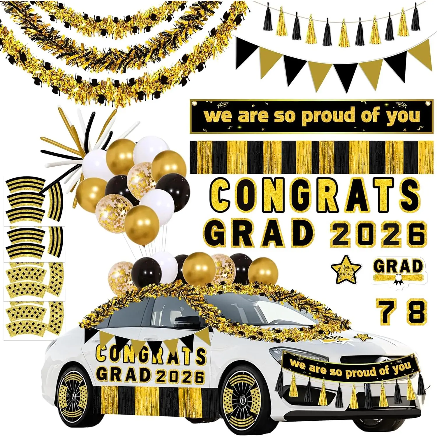58pcs 2026 Graduation Magnetic Car Decorations Set - Black Gold Magnets, Tinsel, Banners, Balloons, 1 Foil Fringe Garland, 1 Paper Tassel Garland, Wire for Secure Display, for Class of 2026 Car Parade Float, Party, Parade Floats