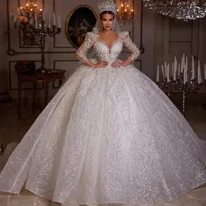 Customized Ball Gown Sparkly Wedding Dresses  Long Sleeve Robe  Lace Beaded Princess Glitter Vestido De Novia