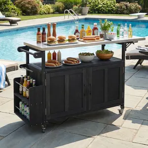 [Fahuac] Foldable Outdoor Kitchen Island 60.6x18.1x35.4in - Stainless Steel Top, Fir Wood, Lockable Casters.