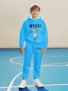 Boys' Football Theme Hoodie & Jogger Set, Casual Athletic Sportswear for Spring & Fall, Soft Fabric, School & Daily Wear