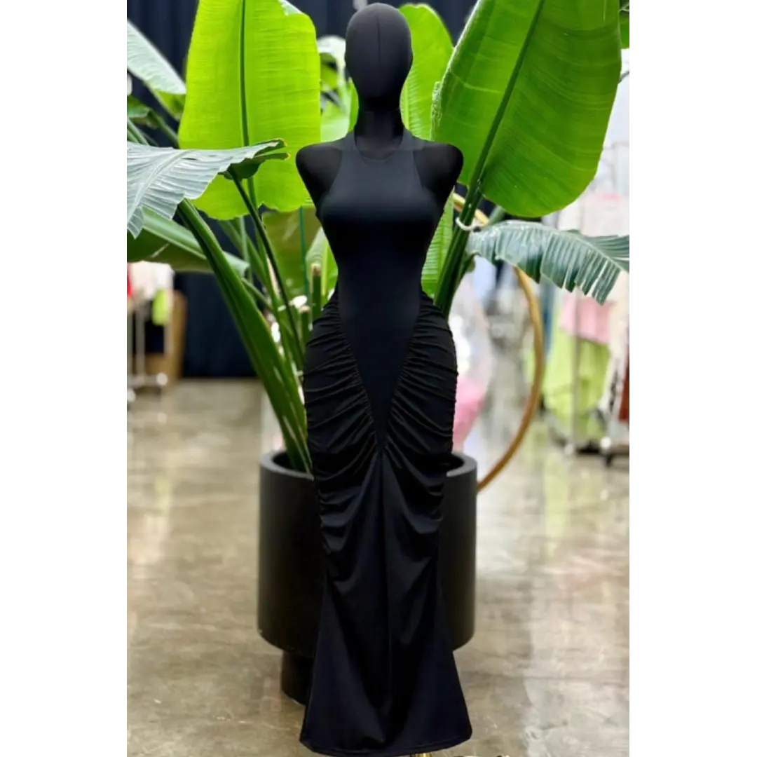 Black halter-neck ruched bodycon maxi dress