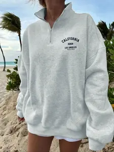 Women's Letter Print Drop Shoulder Half Zip Up Funnel Neck Sweatshirt, Casual Long Sleeve Pullover for Fall & Winter, Women's Clothes for Daily Wear, Womenswear