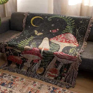 Red Mushroom Under The Moon Pattern Bohemian Yarn Jacquard Woven Throw Blanket with Tassel, Thick Soft Washable Boho Blanket, Used for Home Decor Sofa Chair Bed Tapestry Tablecloth Floor Garden Picnic Outdoor Camping