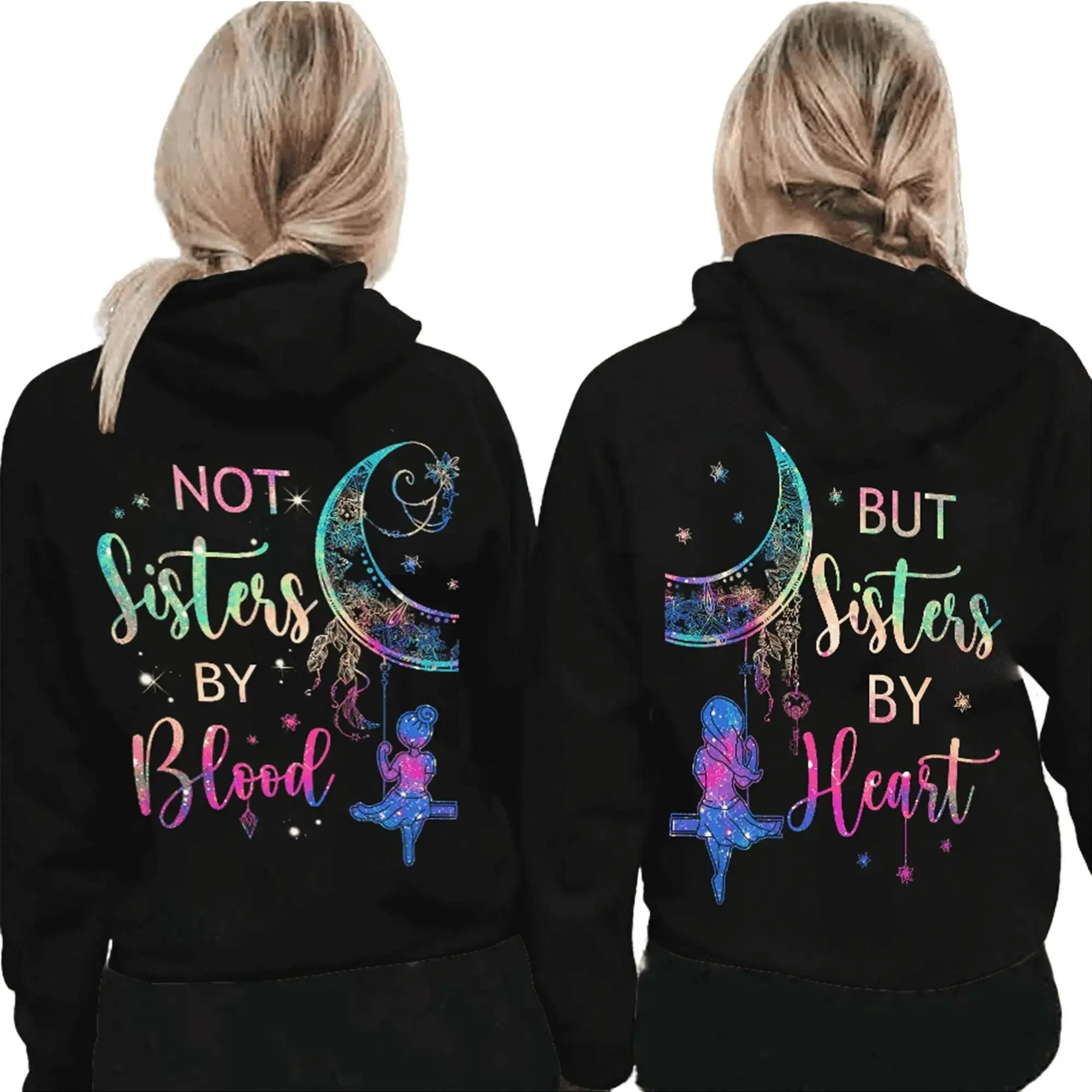 [Made in USA] Women's Long Sleeve Seamless Spandex Pocket Galaxy Hoodies - 2-Piece Matching Best Friend Set, Not Sisters By Blood But By Heart, Valentine’s Day Gift, Cozy Fall Winter Fleece Sweatshirts, Tops