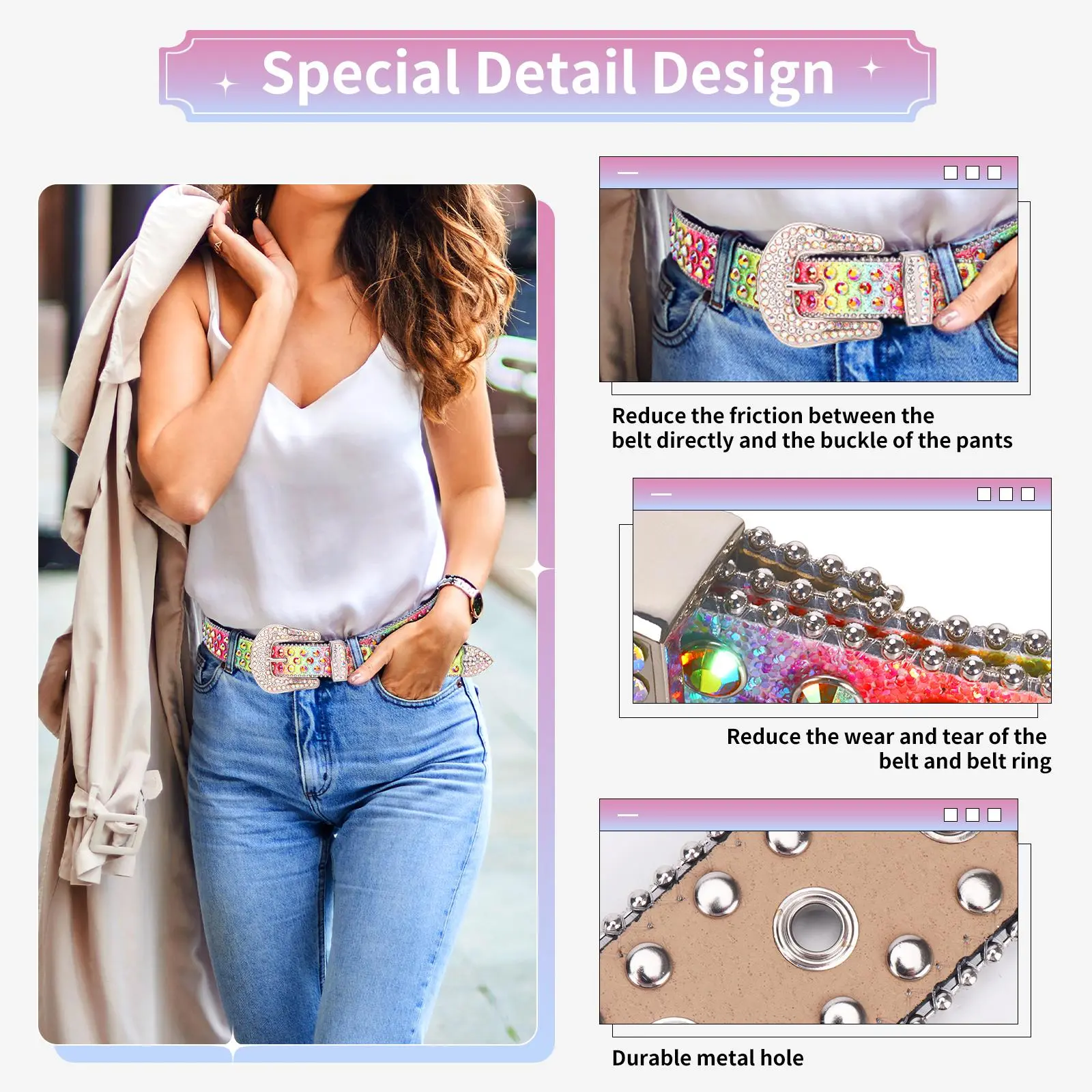 Rainbow Rhinestone Waist Chain Belt For Women – Y2k Festival Chain Belt new Rainbow Dark Chain Belt | Alacritous main image 3