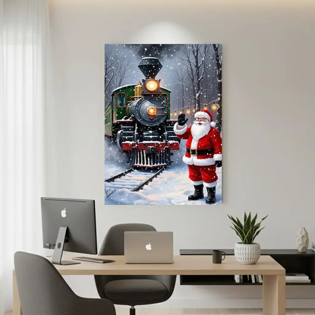 16x24inch(40x60cm) & 20x30inch Multi-Size Matte Paper Framed Christmas Steam Train & Santa Claus Canvas Painting - Glossy Thick Graphic, Vibrant HD Printed Wood Framed Home Decor for Living Room, Snowy Holiday Gift, 20 X 30 Inches