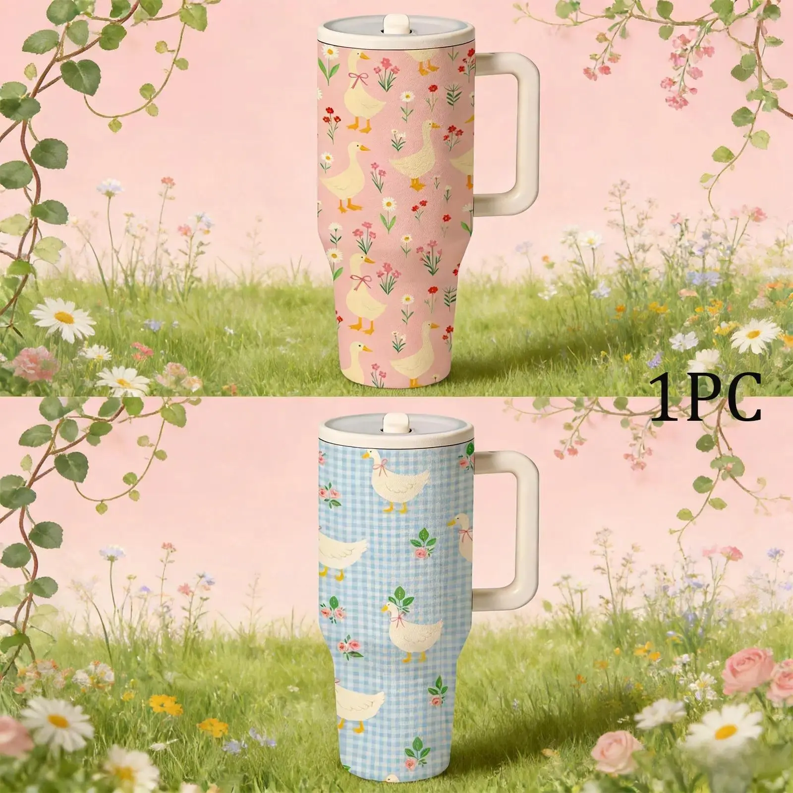 Women's 40oz Portable Stainless Steel Vacuum Flask - Insulated Travel Tumbler with Handle, Leakproof Lid, Double Wall, 12H Hot/24H Cold Retention, Floral Pattern, Kitchenware Gift