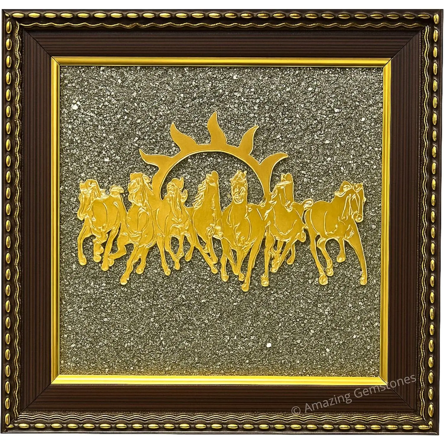7-inch Artistic Wooden Wall Decor Frame - 7 Running Horses, Golden Sun, Original Pyrite Dust, Religious Home Decor for Room Wealth Luck, Sacred Space Protection, Energy Balance, Energy Boost, Elegant