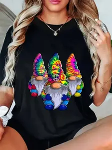Women's 100% Cotton Black T-Shirt with Three Tie-Dye Gnomes & Peace Sign Design - Bohemian Hippie-Inspired Casual Short Sleeve Round Neck Top, Regular Fit for Casual Attire, Allseason Clothing, Medium Elasticity Fabric, Relaxed Outfit, Graphic Tee, Breath