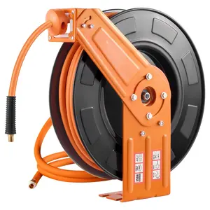 Retractable 3/8 Inch Air Hose Reel, 100 Ft Rubber Air Hose, Auto Retract With Lock, Heavy Duty Garage and Workshop Hose Reel, 300 PSI Maximum Pressure, Durable Steel Mounting Bracket, Wire Reinforced