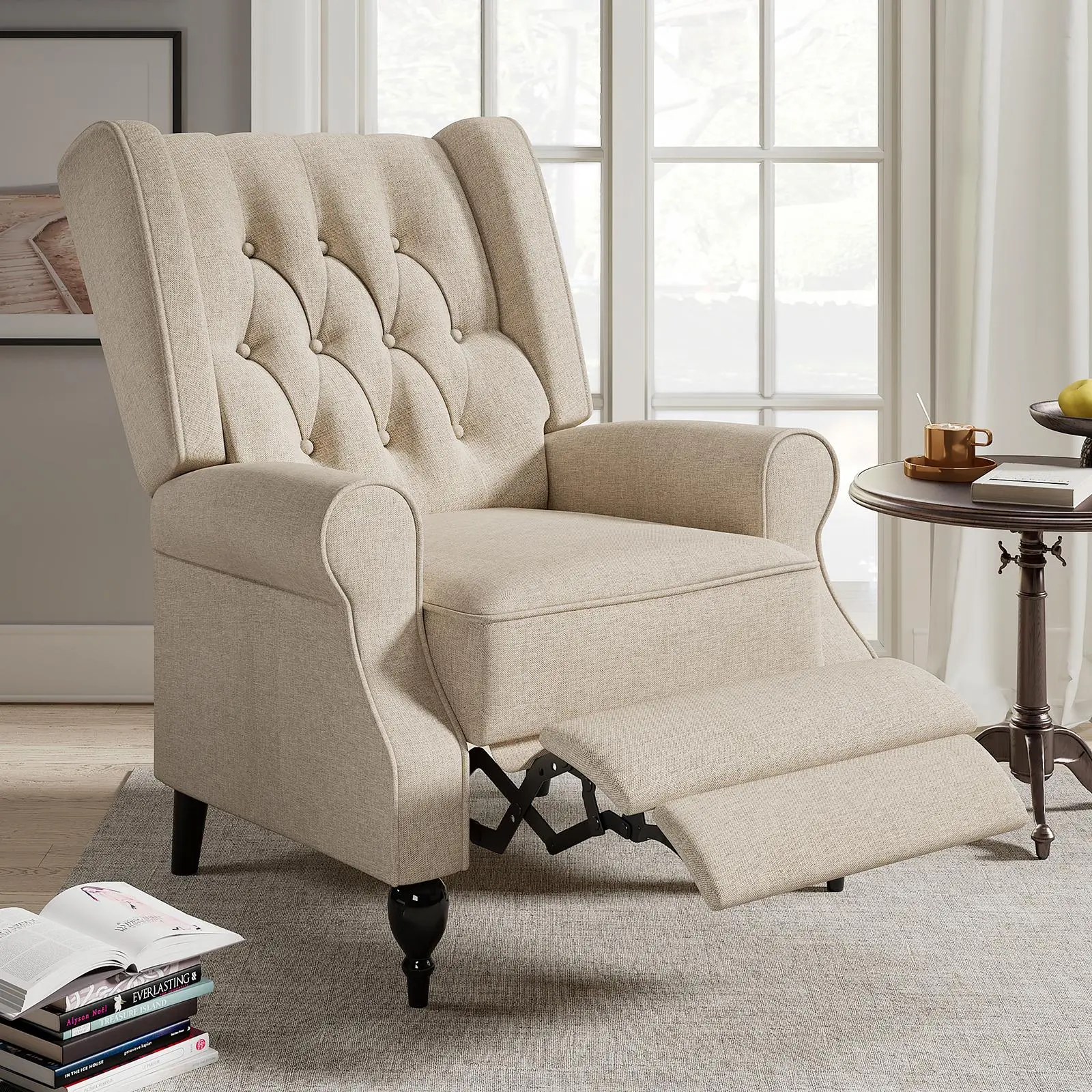 AMERLIFE Neutral Push-Back Wingback Recliner Chair - Small Tufted Accent Armchair, Single Club Sofa for Adult Living Room, Bedroom