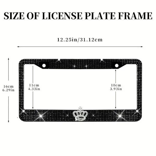 Women's 2-Piece Bling Black Rhinestone License Plate Frame - 3D Silver Crown Emblem, Car Accessories, Standard Size Universal License Plate Cover with 2 Mounting Holes, USA-Canada Fit, Ideal Gift for Car Lovers (Holidays, Birthdays), 2 Standard Mounting H