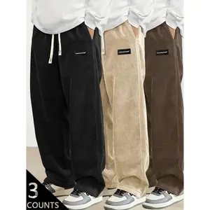 Men's 3-Packs Retro Corduroy Jogger Pants - Black, Brown, Green, Grey & Khaki - Loose Fit with Elastic Waist & Drawstring, Patch Logo Detail - Fabric - Perfect for Streetwear, Casual, Autumn Winter Wear - S-3XL Sizes