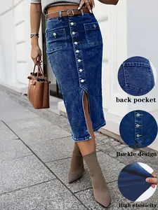 Women's High Elasticity Fitted Dark Wash Denim Skirt with Button Closure, Stylish Casual Wear, Perfect for Everyday Wear, Comfortable and Trendy Midi Skirt