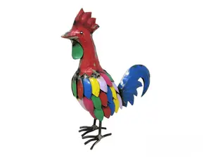 Colorful Recycled Scrap Metal Rooster Chicken Statue For Home or Garden Decor - 9" x 7"
