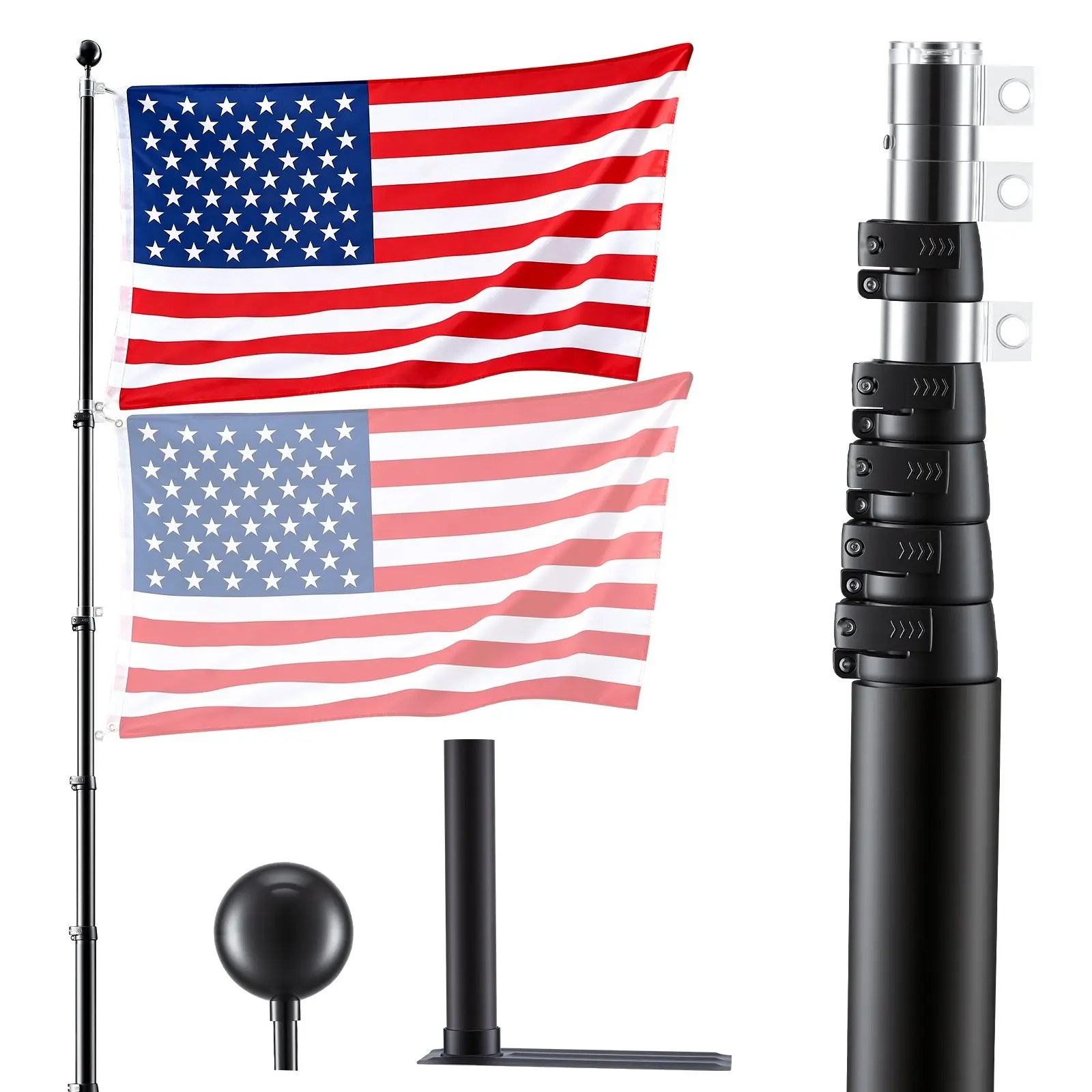 20Ft Telescopic Flag Pole Kit With Mounting Base For Vehicles, Heavy Duty Aluminum Flagpole For Sedans, Pickups, RVs And Food Trucks, Outdoor Use, Includes 3x5 American Flag, Extra Thick, Black