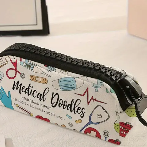 Random Doctor's Equipment Pattern Makeup Bag, Large Zipper Makeup Bag, Makeup Cosmetic Storage, Durable Polyester Storage Bag for School Supplies and Stationery, Zipper Makeup Organizer, Makeup Organizer Pouch, Cosmetic Pouches