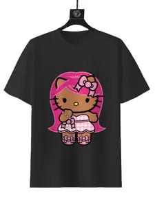 Sanrio Punk Princess Hello Kitty Tee Just Dropped Black T-Shirt with Pink Hair and Bow Design 100% Cotton Streetwear Womenswear