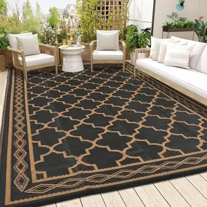9x18 Extra Large Waterproof Reversible Outdoor Rug - Easy Clean Portable Plastic Straw Patio Carpet Mat for Deck Backyard Balcony RV Camping, Black/Brown