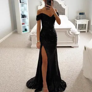 New Sequined Off Shoulder Slit Party Casual Fashion Dress Formal Womenswear Basic Minimalist Shortsleeve