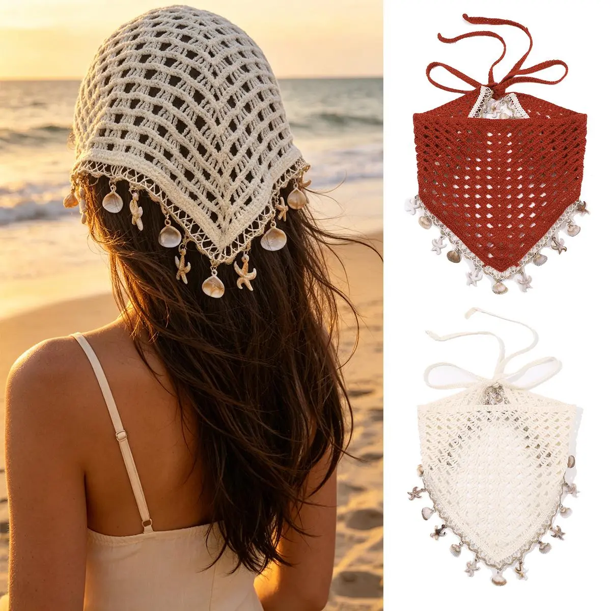 AWAYTR Women's 2-Pack Adjustable Vintage Crochet Triangle Scarf Head Wrap - Handmade Bandana-Style Casual Daily Accessories, Lightweight Breathable, with Seashell Starfish Pendants, Coffee-Themed Summer Beach Accessory, Hand Wash