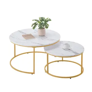 VEVOR Nesting Coffee Table Set of 2, 31.5 in Round Coffee Table, Nesting Tables for Small Place, Vintage End Side Tables Night Stand with Metal Frame, for Living Room, Bedroom, Office (White Gold)