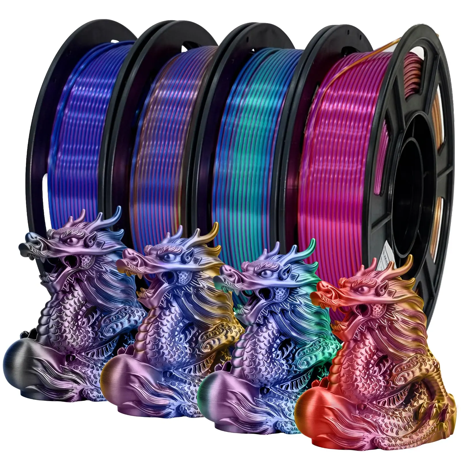 Silk PLA+ 3D Printer Filament Bundle, Shiny Tricolor PLA+ Filament 1.75mm Pack, Shiny Multi Color Change, Smooth Multicolor PLA+ Filament for Most 3D Printers - 4 Spools 250g Each