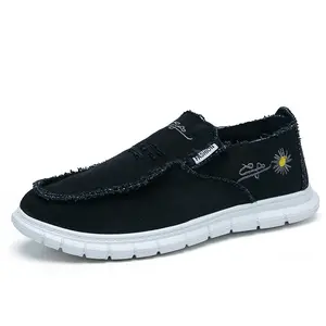 Comfy Daily Slip-Ons Trendy Distressed Texture Stylish Embroidered Details Black Canvas Sneakers