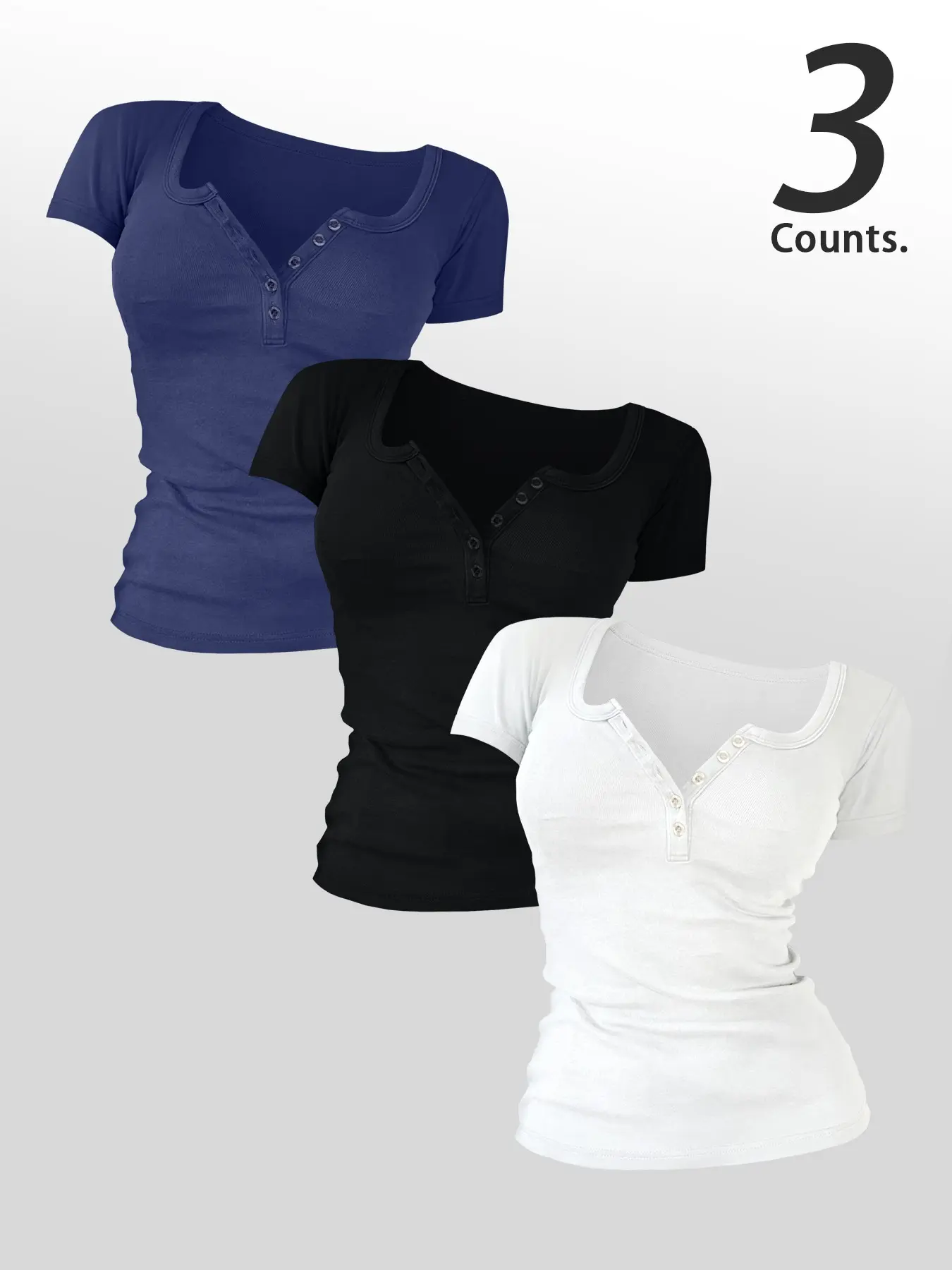 3 Pieces Women's Aesthetic Style Plain Buttons V Neck Slim Fit Tee Top, Casual Slim Fitted, Casual Women's Short-Sleeve T-shirt for Summer, Ladies Basic Clothes for Daily Wear, Womenswear