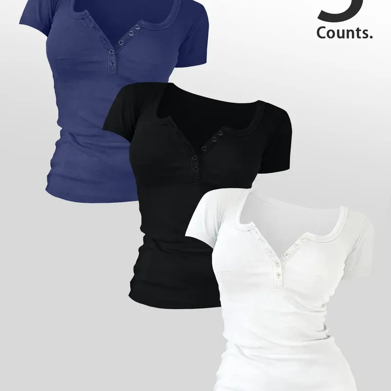 3 Pieces Women's Aesthetic Style Plain Buttons V Neck Slim Fit Tee Top, Casual Slim Fitted, Casual Women's Short-Sleeve T-shirt for Summer, Ladies Basic Clothes for Daily Wear, Womenswear