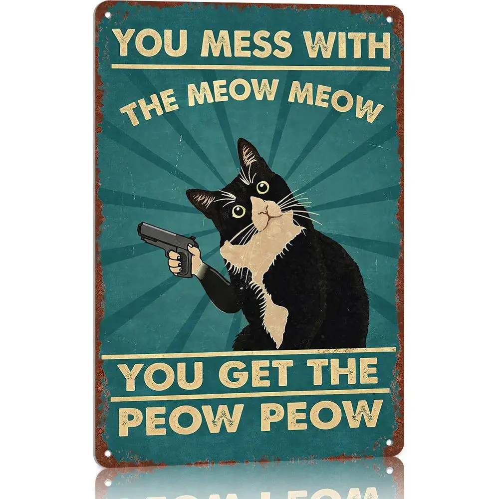 Vintage Tin Cat Metal Wall Plaque - 8x12 in Funny "Meow Peow" Print, Pre-Drilled Durable Lightweight Hanging Farmhouse Door Sign, Home Decor Products, Ideal Gift for Cat Lovers