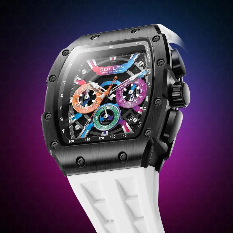 SOLLEN 728 Men's Rainbow  Cool Watch Multi-functional Chronograph Waterproof Night Light Function Valentine's Day Gift