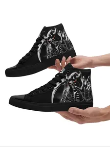 Men's Fashion Random Skull Print Lace Up High Top Sneakers, Casual Comfortable Soft Bottom High Top Skateboard Shoes, Personalized Fun Unique Gift for Men