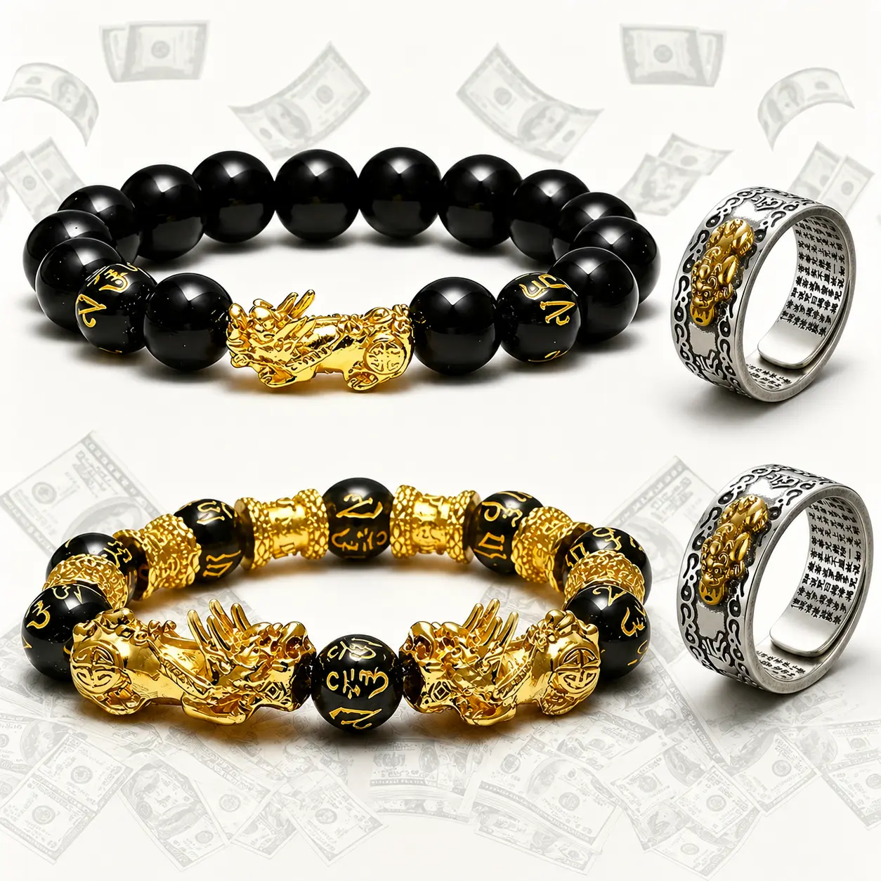 Unisex Retro 4PCS Feng Shui Pixiu Animal Jewelry Set, Black Beads Wealth Bracelets with Adjustable Rings, Lucky Protection Gift for Men-Women