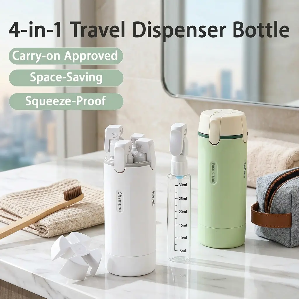 4-in-1 Leak-Proof Travel Dispenser Set - 30ml Refillable Bottles with Twist-Lock, TSA Approved for Airplane, Travel, Gym & Business Trips, Includes Label Stickers