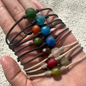 Men Sea Glass Bracelet - Surfer Accessories, African Recycle Glasses - Eco-Friendly Beads, Women Beaded Gifts, Men Charms, Hawaiian Handmade Stones, Beach Ocean Charm, Waterproof Gift