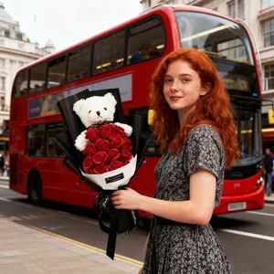 Rose Gift Box, 1 Set Artificial Rose Soap Flower Bear Cartoon Doll Bouquet Gift Box, Romantic Eternal Rose Bouquet, Deluxe Gift Box Set, Simulated Rose Desktop Bedroom, Decorative Gift for Birthday, Christmas Gifts, Anniversary Box