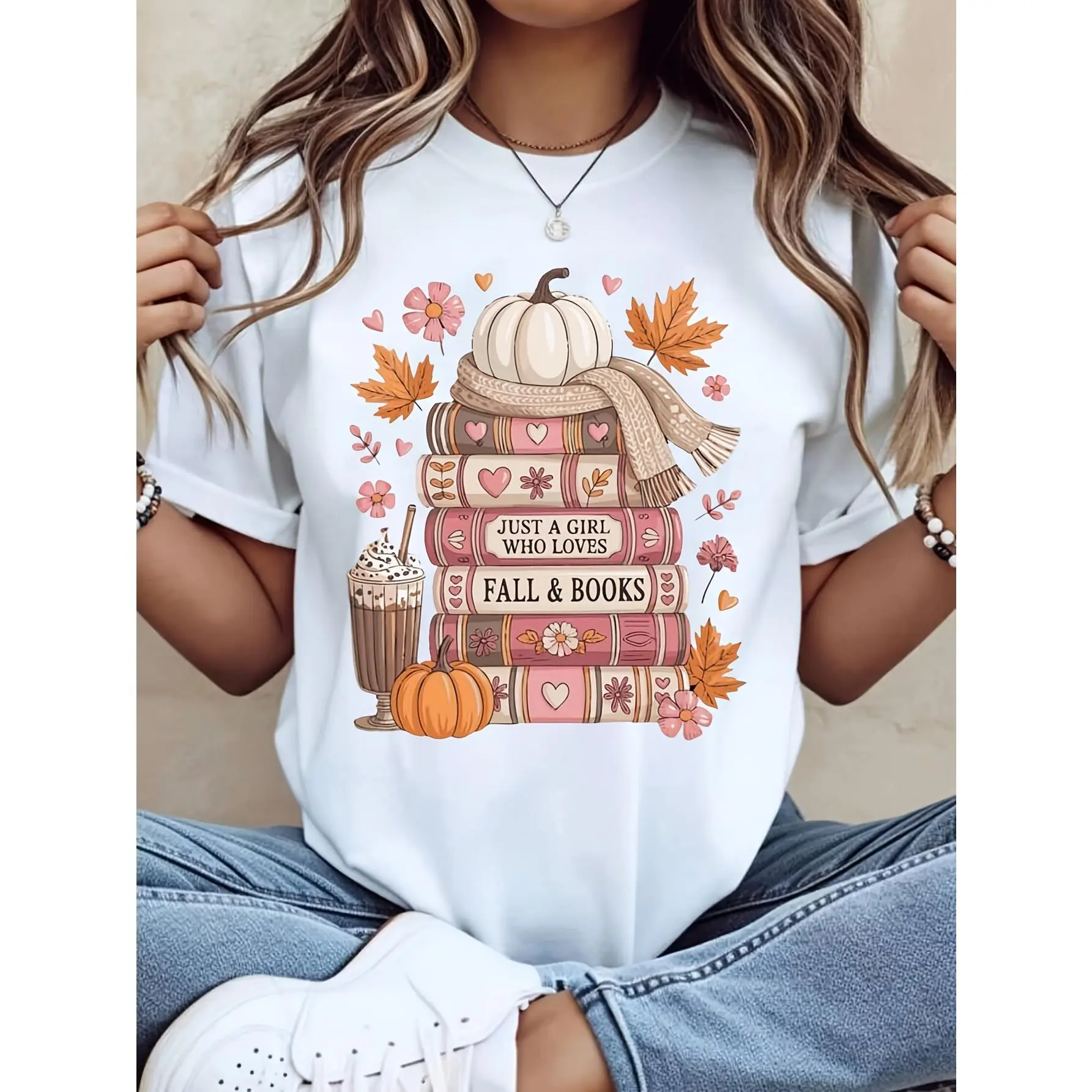 Women's Cotton Short-Sleeve Graphic T-Shirt - Oversize Loose-Fitting Clothes, Autumn Style, Pumpkin Stack & Book Print, Round Neck, Breathable, Shrink-Resistant, Machine Washable (Dry Flat/Hang Dry) for Book Lovers, Heat Under 113°F