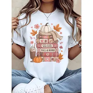 Casual Autumn Style, Women's T-Shirt, Just A Girl Who Loves Fall And Books With Pumpkin Stack Design, Fall Season Reading Lover Gift