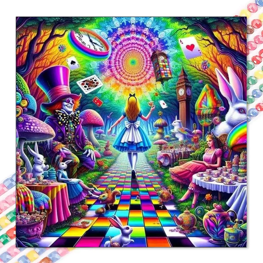 A DIY diamond painting kit, 5D diamond art set, DIY decoration, Alice, rabbit, tea party diamond painting kit with full round diamonds, mosaic, diamond art, DIY home decor, suitable for Christmas, Handicraft, Diamond Pattern Design